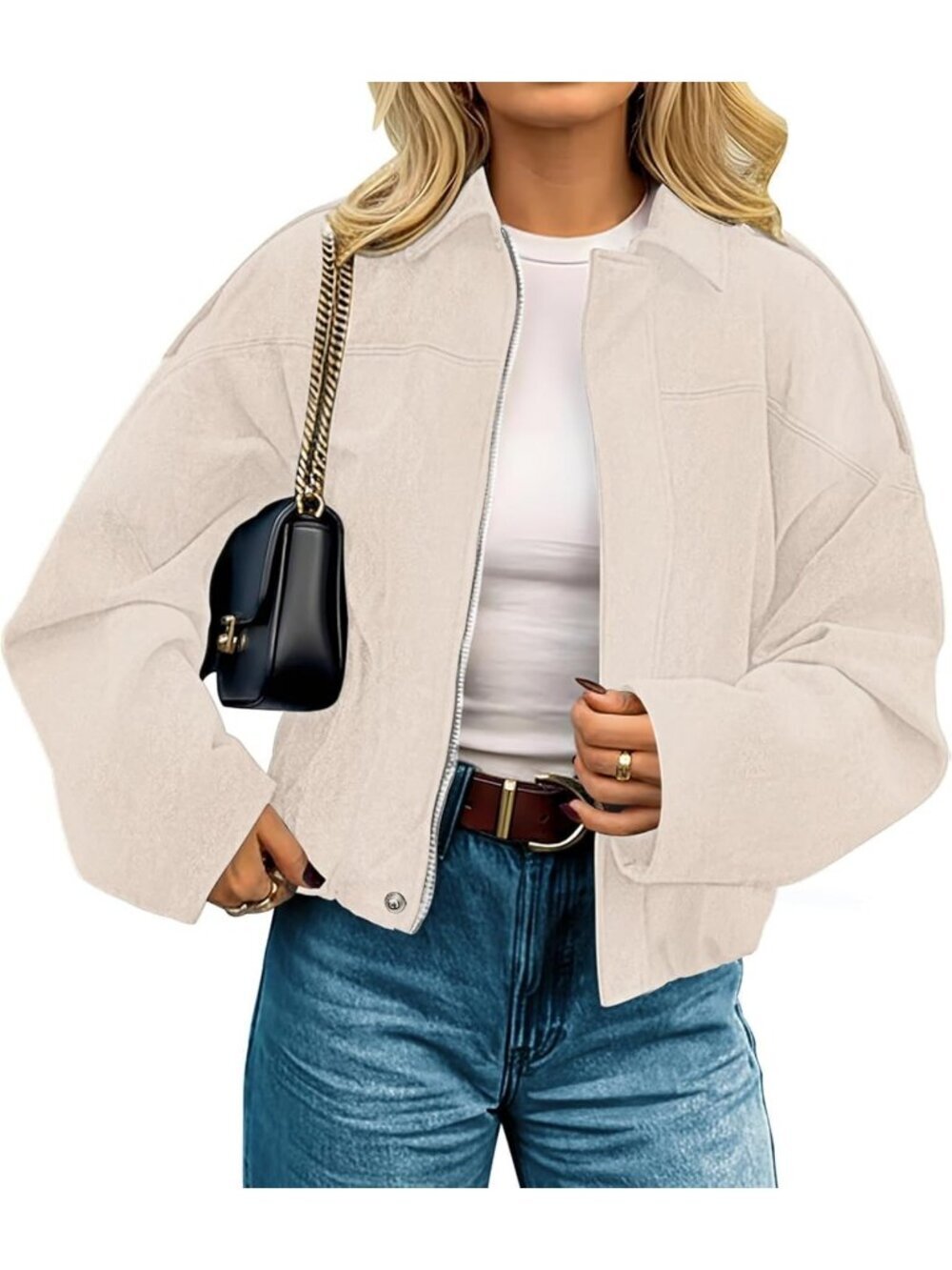 Women's Beige Polyester Faux Suede Fashion Winter Open Front Cropped Jackets